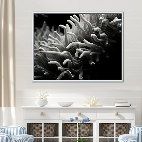 Designart "Monochrome Anemone In Colorful Photo I" Coastal Coral Under Water Floater Framed Wall Art Living Room