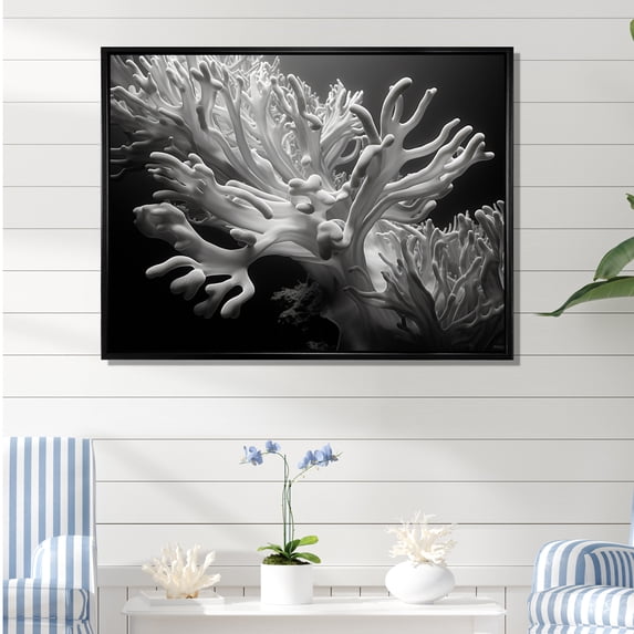 Designart "Monochrome Anemone In Colorful Photo IV" Coastal Coral Under Water Floater Framed Canvas Prints