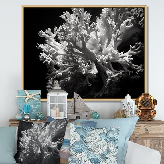 Designart "Monochrome Anemone Reef III" Coastal Coral Under Water Floater Framed Wall Art Living Room