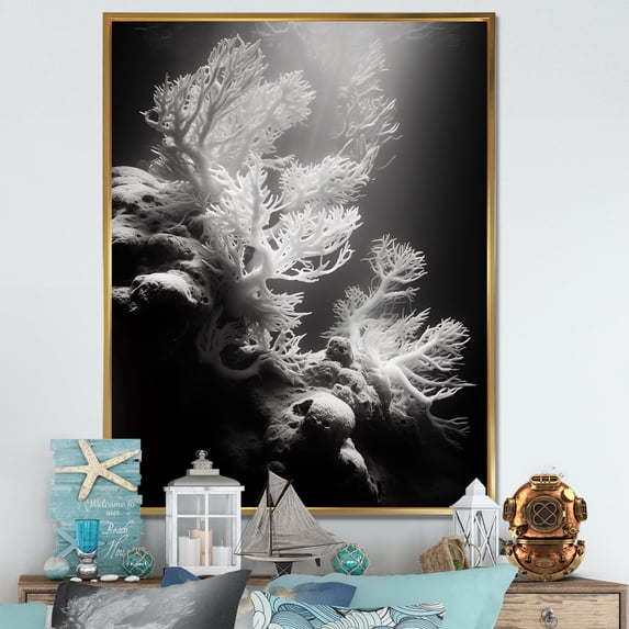 Designart "Monochrome Anemone Reef IV" Coastal Coral Under Water Floater Framed Wall Decor