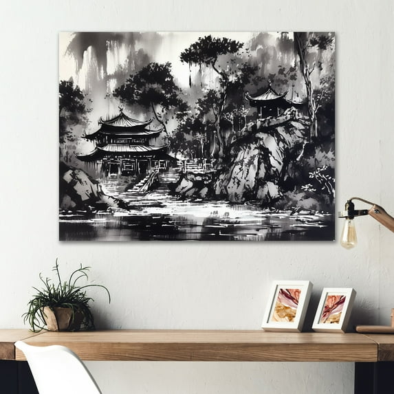Designart "Monochrome Asian Mountain Range III" Japon Landscape Metal Art Print