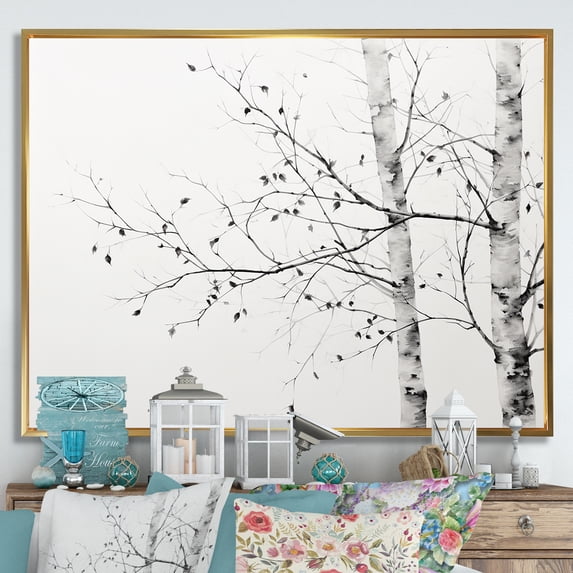 Designart "Monochrome Birch Serenity II" Tree Birch Floater Framed Wall Decor