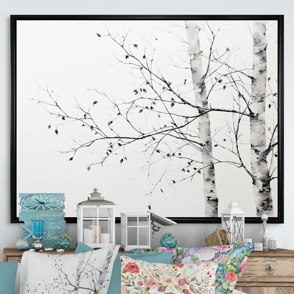 Designart "Monochrome Birch Serenity II" Tree Birch Floater Framed Wall Decor