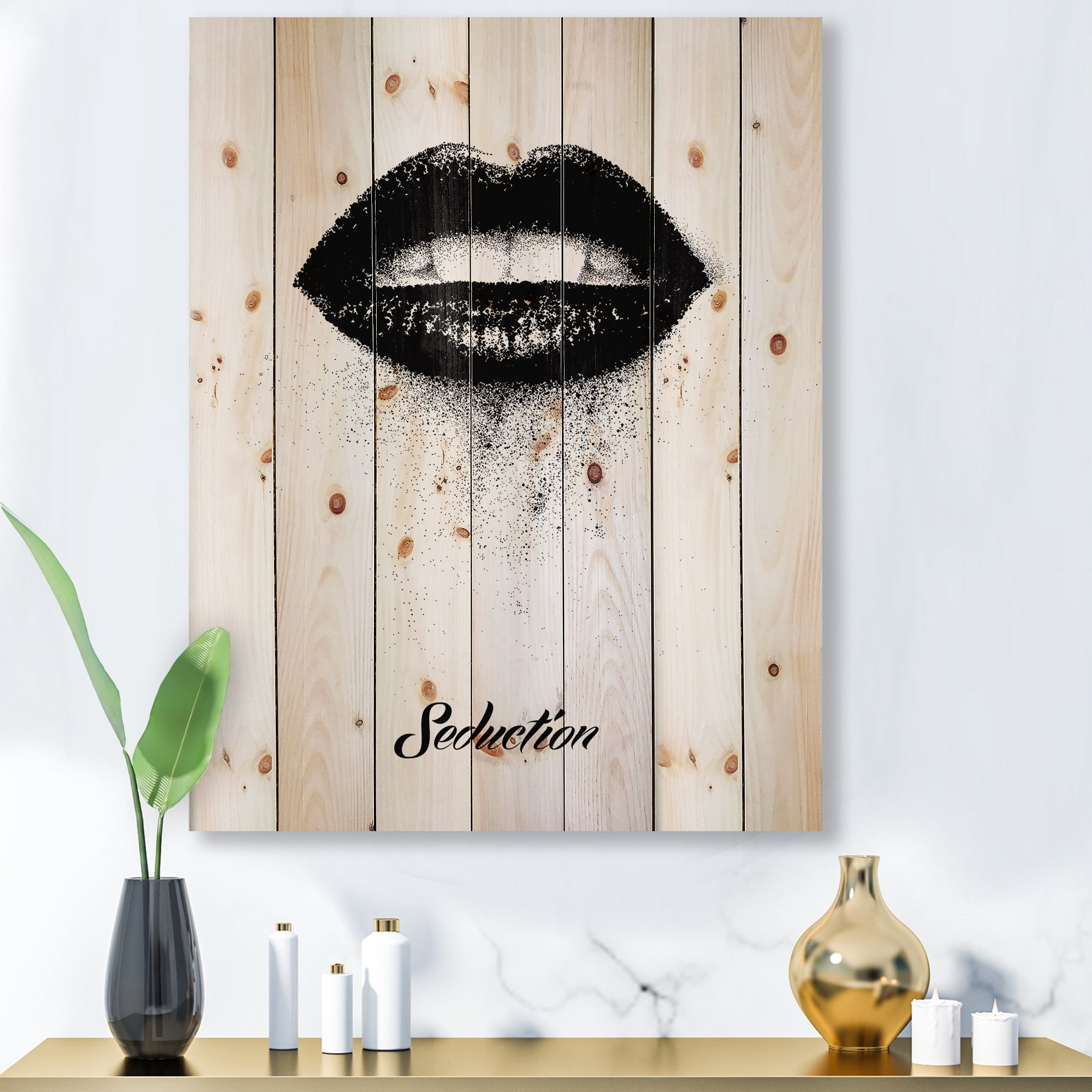 Designart 'Monochrome Black Female Lips' Modern Print on Natural Pine Wood