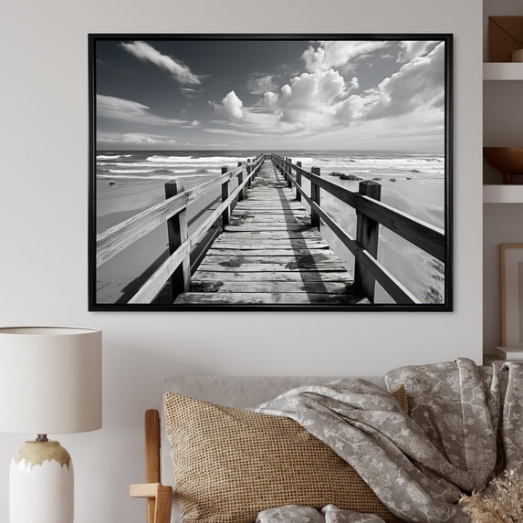 Designart "Monochrome Boardwalk in Florida" Nautical & Beach Floater Framed Canvas Art Print