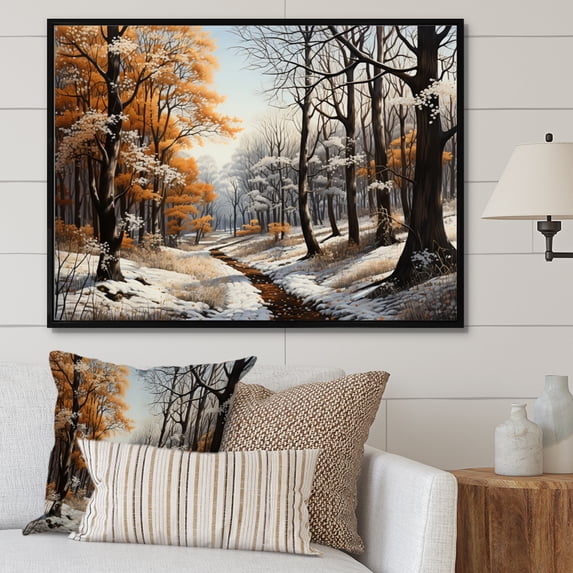 Designart "Monochrome Canopy Forest Winter wall art" Landscapes Floater Framed Wall Decor