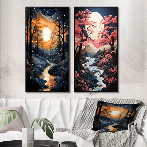 Designart "Monochrome Canopy Peach Forest" Forest Framed Wall Art Set Of 2 - Peach Landscapes Framed Wall Art Set Of 2