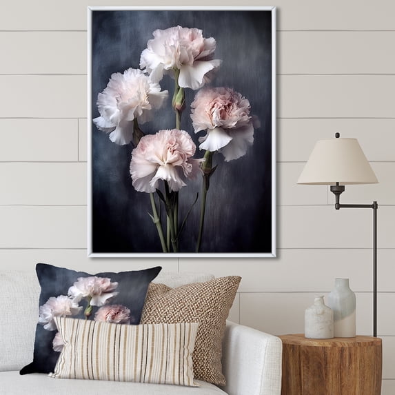 Designart "Monochrome Carnation In Dark Tones I" Carnations Floater Framed Wall Decor
