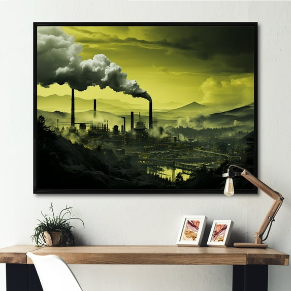 Designart "Monochrome Chimneyscape Of The Factory I" Factories Floater Framed Wall Decor