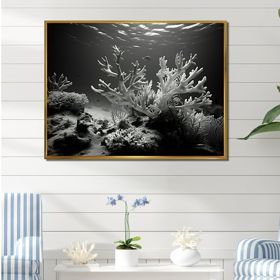 Designart "Monochrome Coral And Anemone Realm V" Coastal Coral Under Water Floater Framed Wall Art Prints