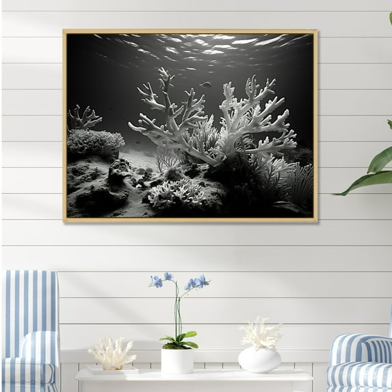 Designart "Monochrome Coral And Anemone Realm V" Coastal Coral Under Water Floater Framed Wall Art Prints