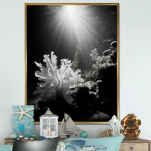 Designart "Monochrome Coral Plant Beauty II" Coastal Coral Under Water Floater Framed Canvas Wall Art