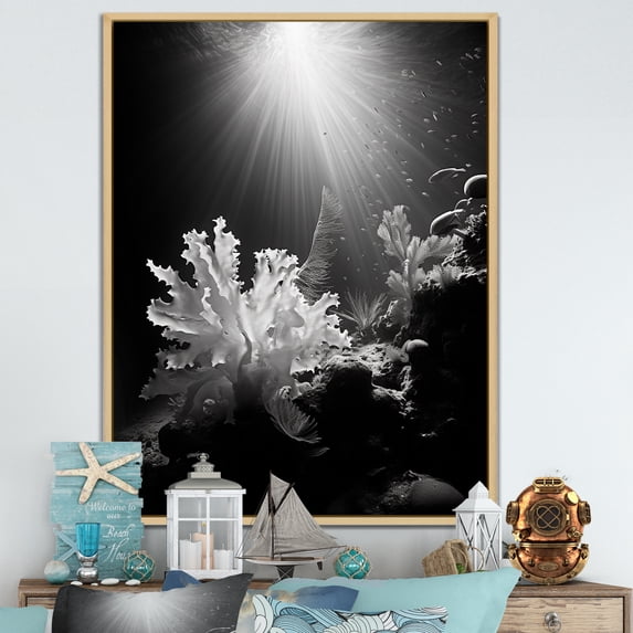Designart "Monochrome Coral Plant Beauty II" Coastal Coral Under Water Floater Framed Canvas Wall Art