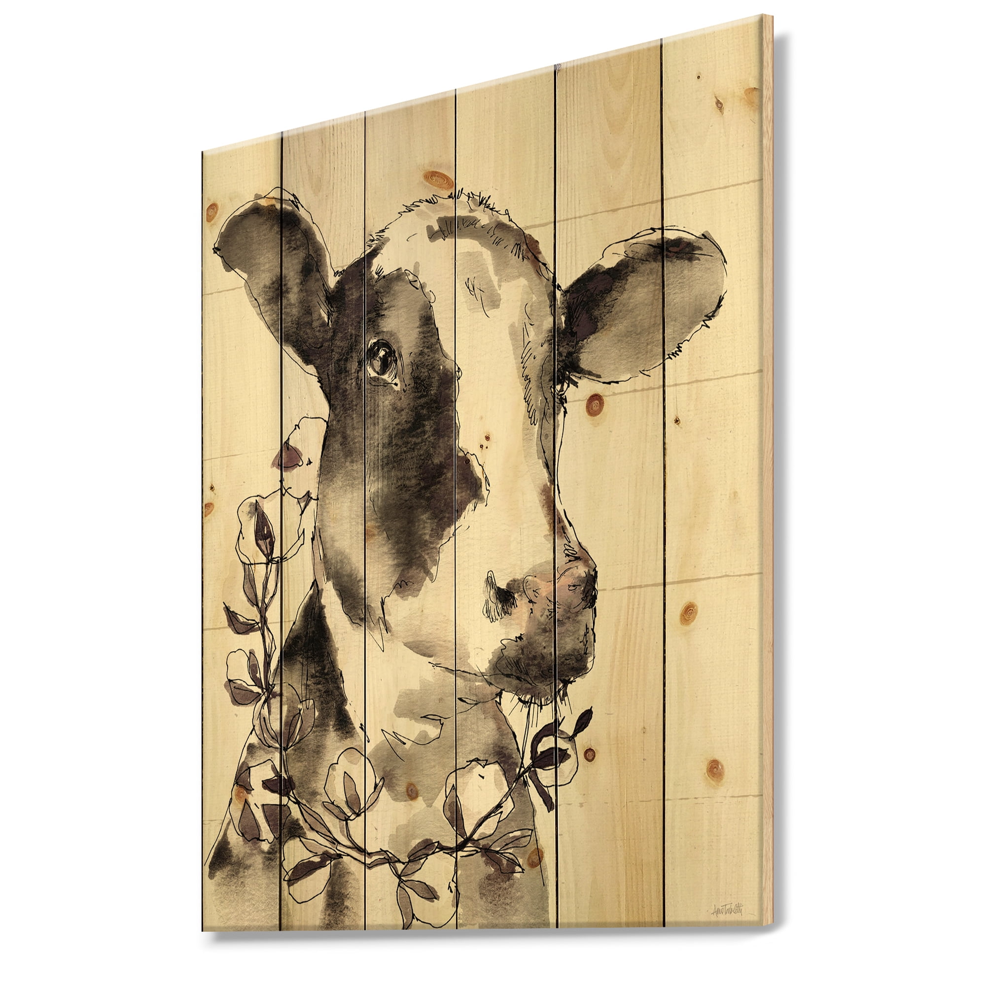 Designart 'Monochrome Cow Portrait Country Life' Wildlife Print on Natural Pine Wood