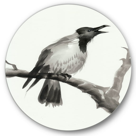 Designart 'Monochrome Crying Crow On A Branch' Traditional Circle Metal Wall Art 23x23 - Disc of 23