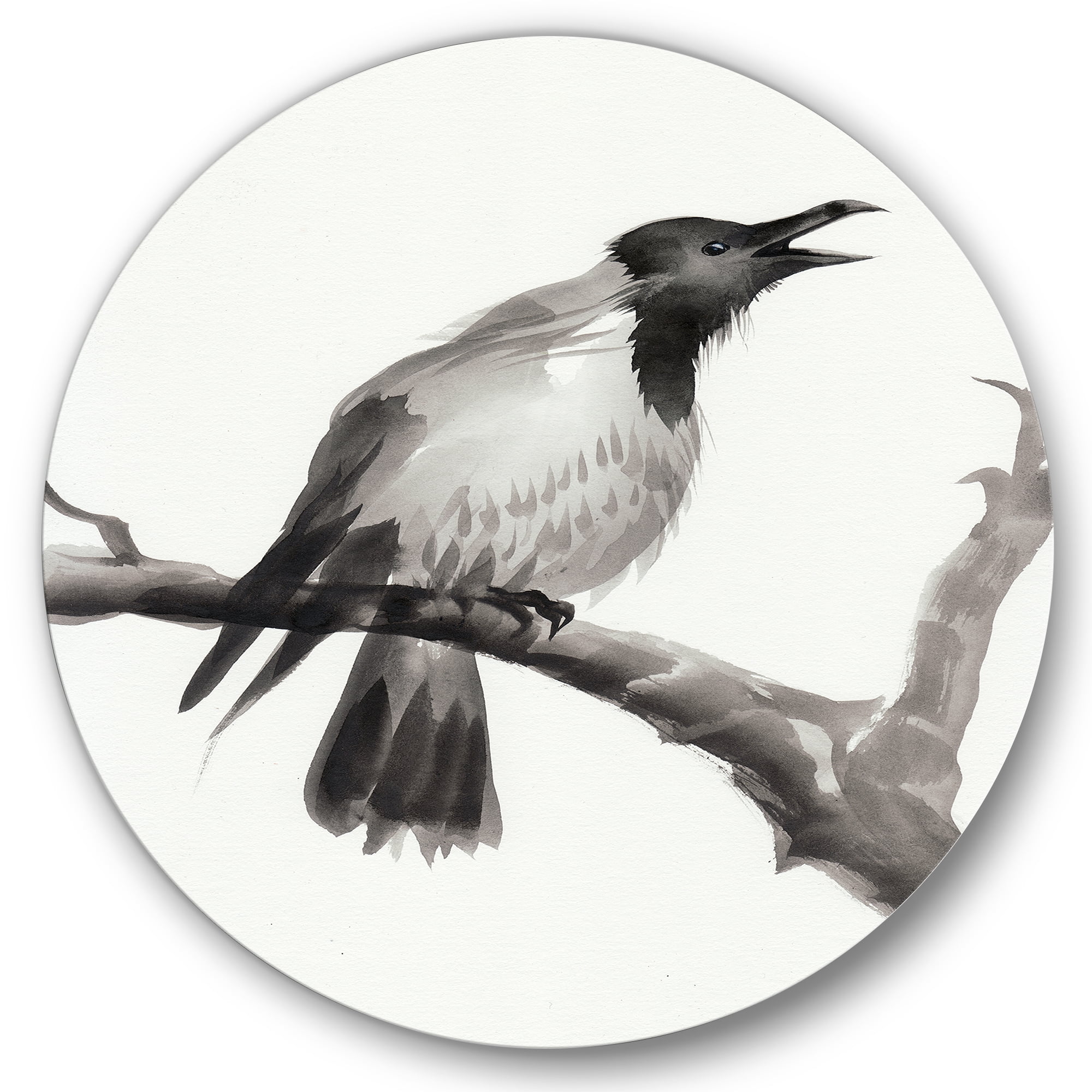 Designart 'Monochrome Crying Crow On A Branch' Traditional Circle Metal Wall Art 29x29 - Disc of 29