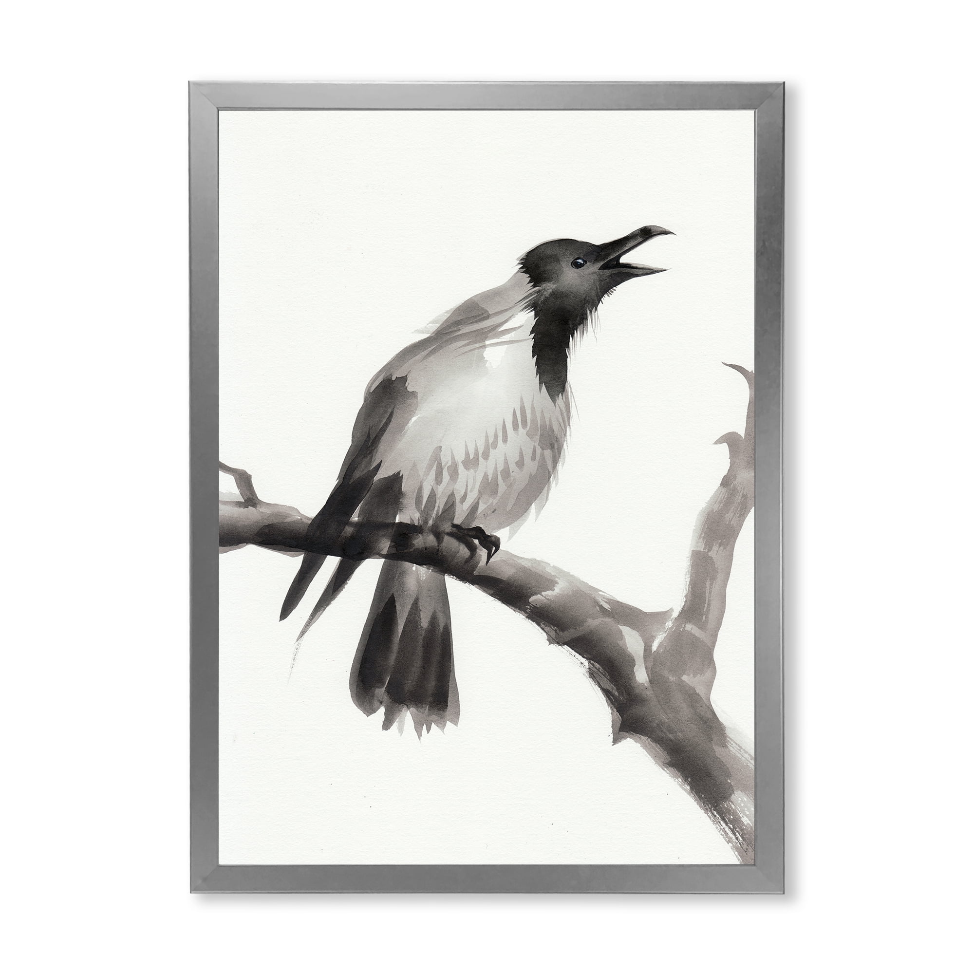 Designart 'Monochrome Crying Crow On A Branch' Traditional Framed Art Print