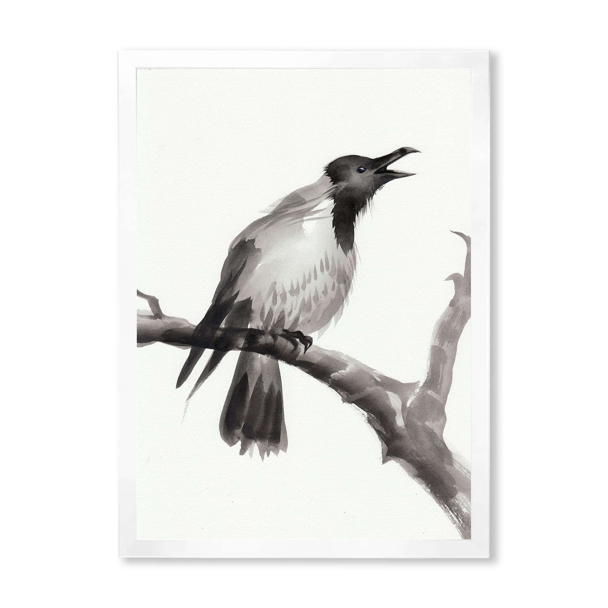 Designart 'Monochrome Crying Crow On A Branch' Traditional Framed Art Print