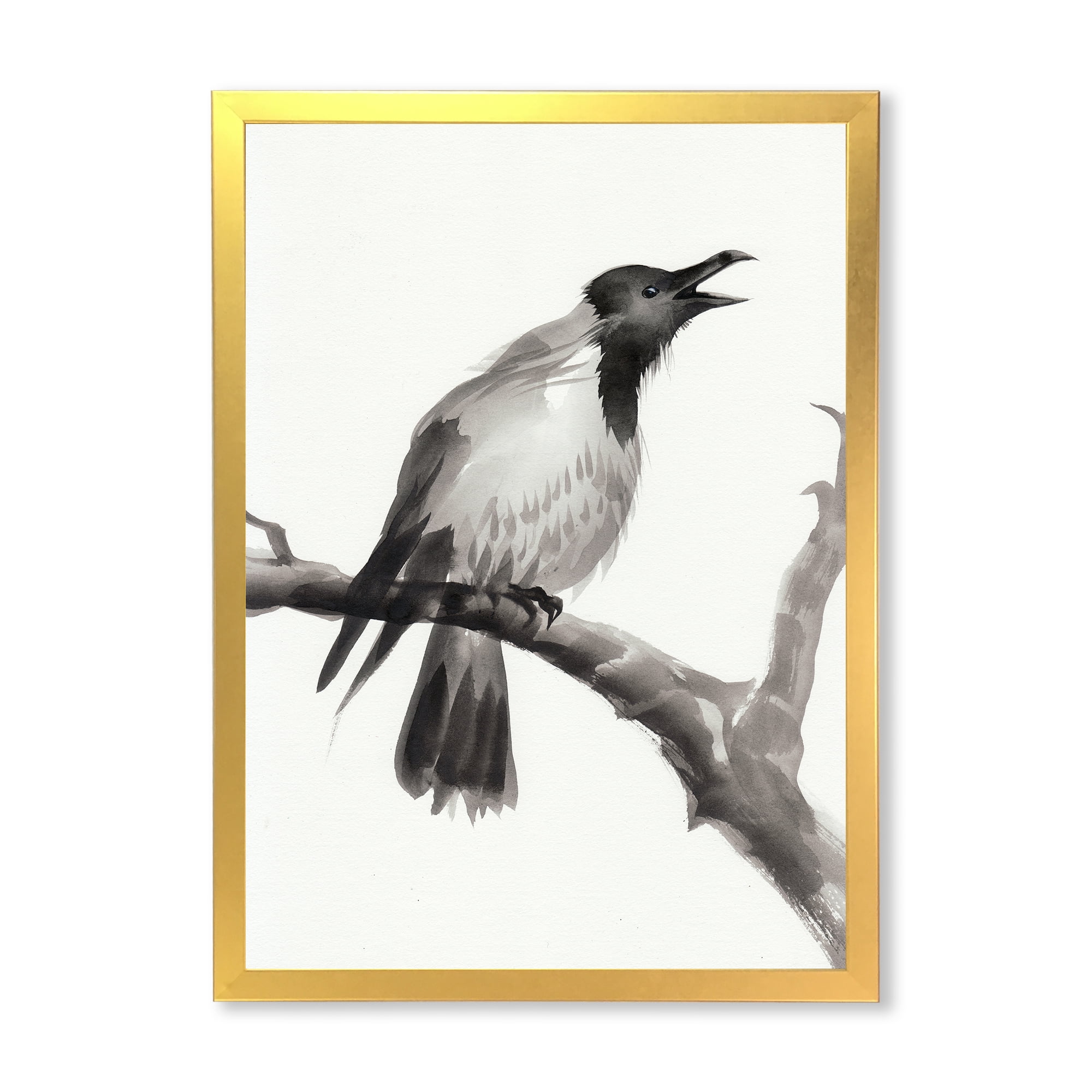 Designart 'Monochrome Crying Crow On A Branch' Traditional Framed Art Print