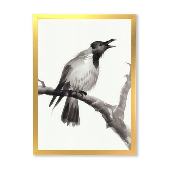 Designart 'Monochrome Crying Crow On A Branch' Traditional Framed Art Print