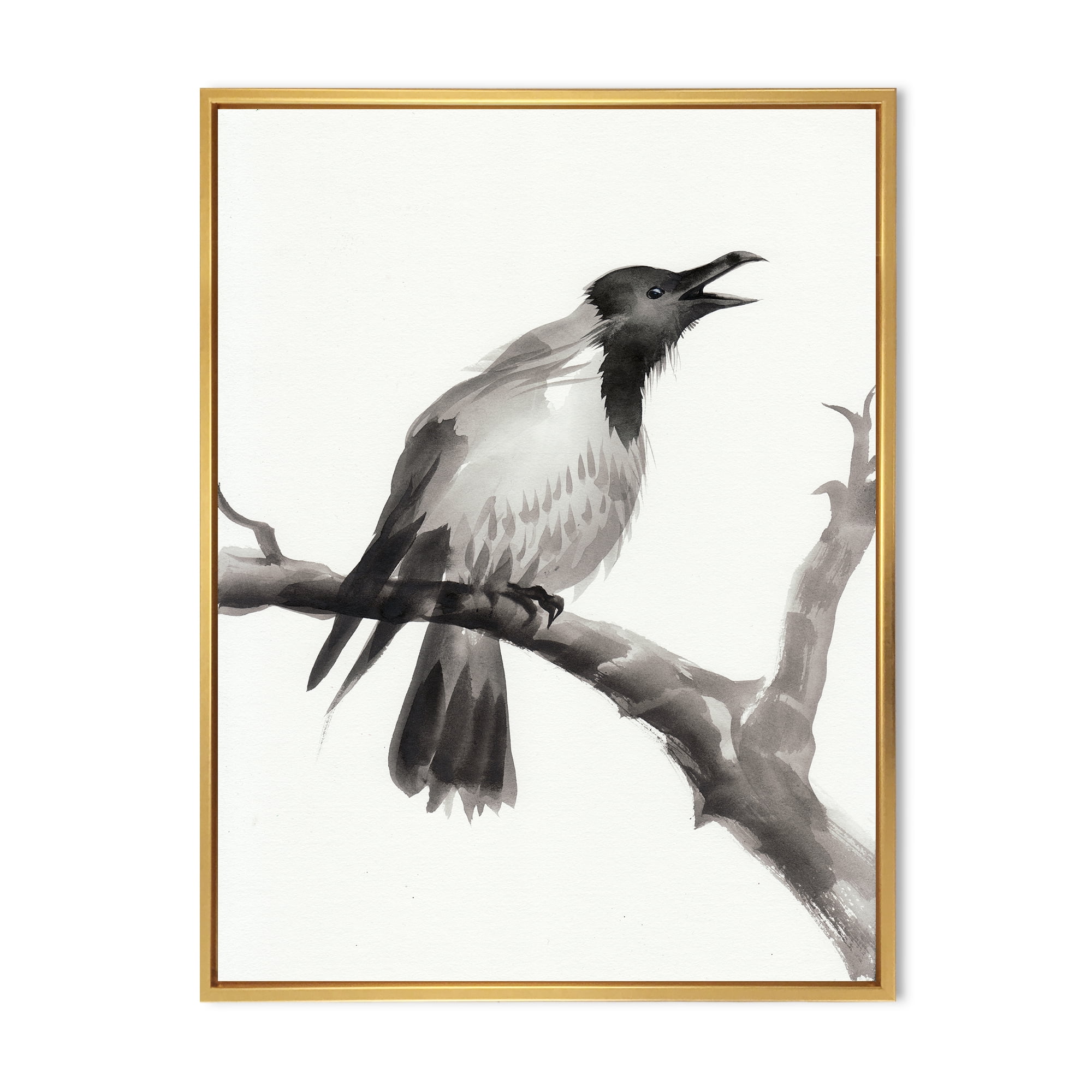 Designart 'Monochrome Crying Crow On A Branch' Traditional Framed Canvas Wall Art Print