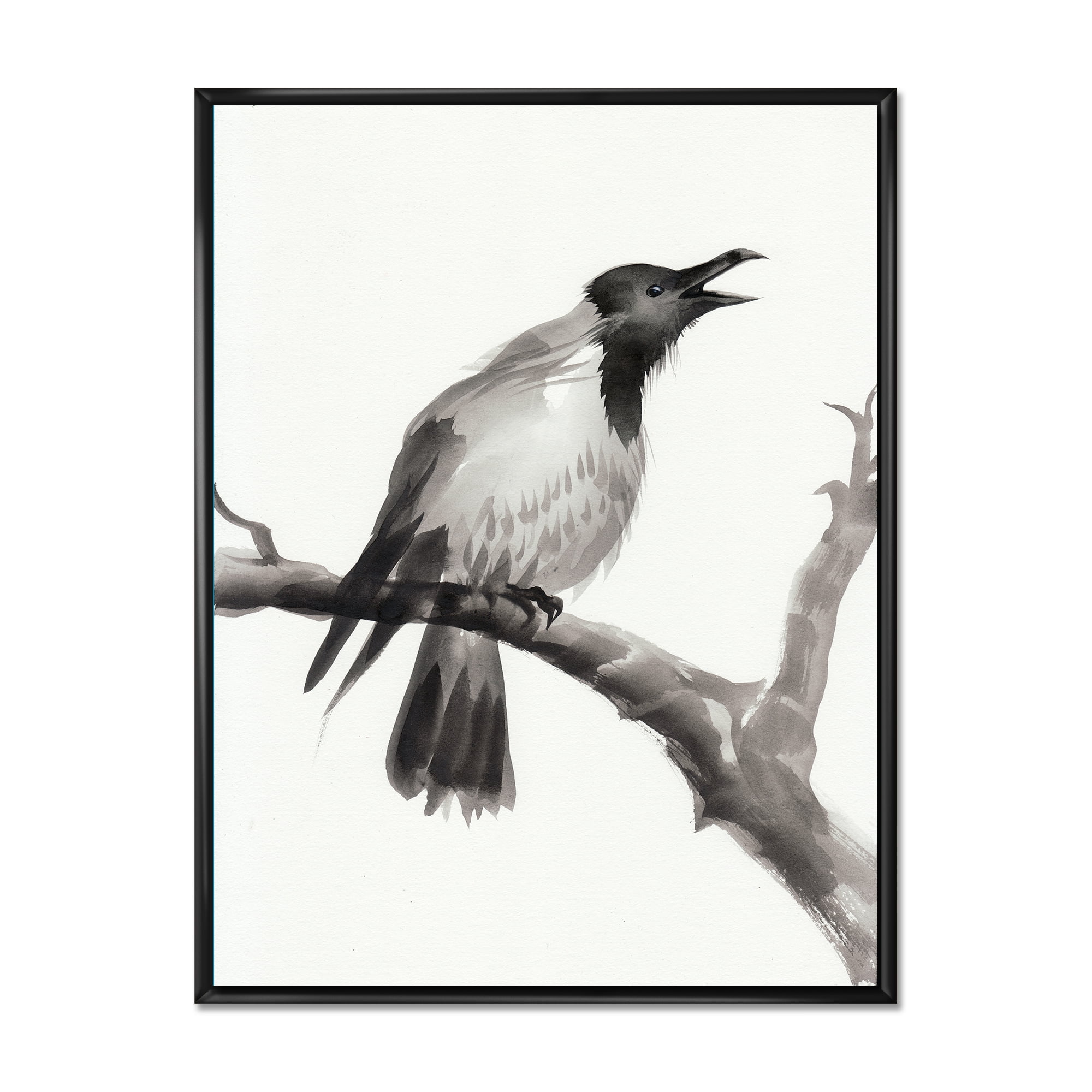 Designart 'Monochrome Crying Crow On A Branch' Traditional Framed Canvas Wall Art Print