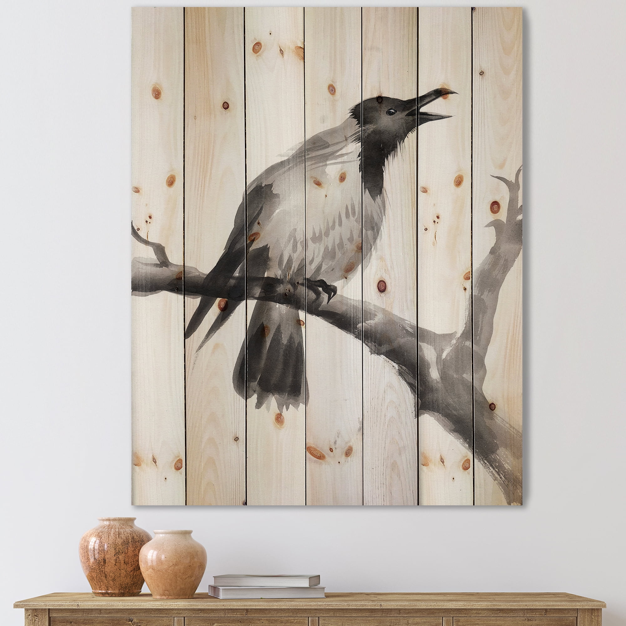 Designart 'Monochrome Crying Crow On A Branch' Traditional Print on Natural Pine Wood