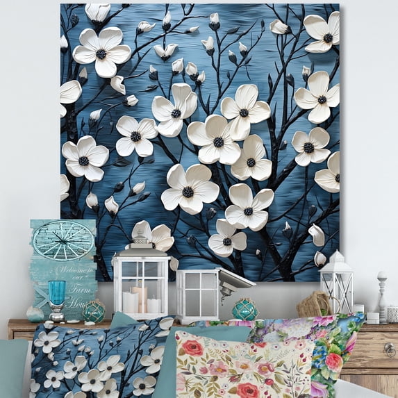 Designart "Monochrome Dogwood Petal Whispers II" Dogwood Canvas Prints