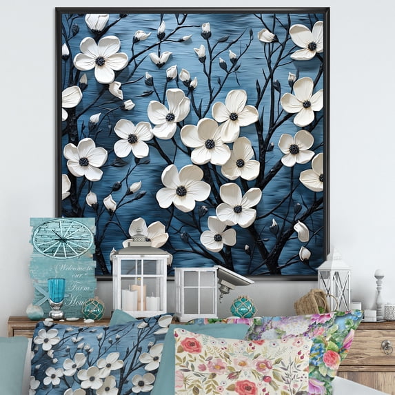 Designart "Monochrome Dogwood Petal Whispers II" Dogwood Floater Framed Canvas Prints