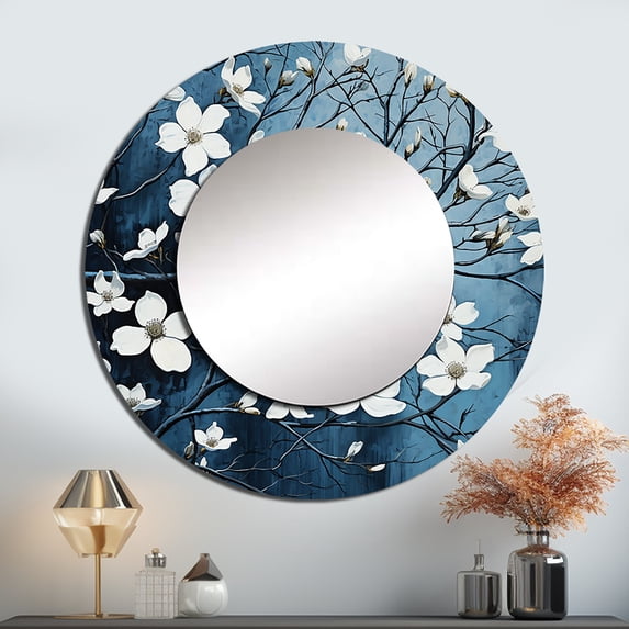 Designart "Monochrome Dogwood Petal Whispers" Dogwood Rund Mirror For Wall Decor - Large White Round Print Mirror - Round Traditional Mirror - Wall Mounted Round Large Mirror - 29" x 29"