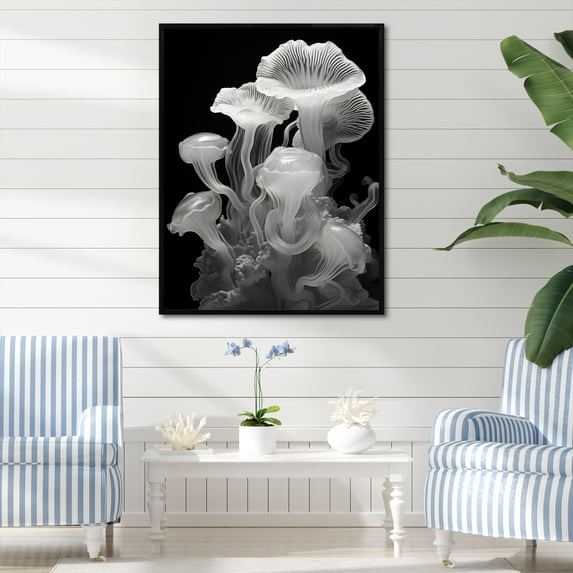 Designart "Monochrome Drifters Of The Deep" Coastal Coral Under Water Floater Framed Canvas Wall Art