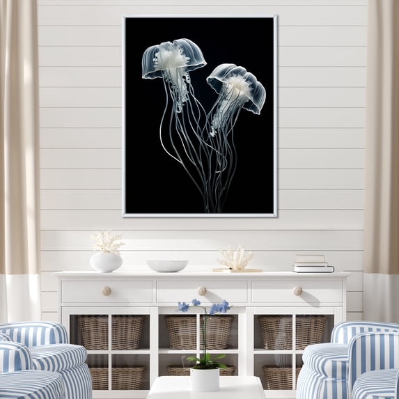 Designart "Monochrome Drifters Of The Deep I" Coastal Coral Under Water Floater Framed Canvas Prints