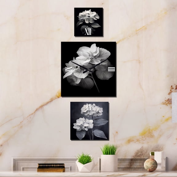 Designart "Monochrome Elegance in Blooming Hydrangeas III" Floral Multipanel Clock For Living Room Décor - Large Traditional Wall Clock - Oversized Black Wall Clock - Set Of 3