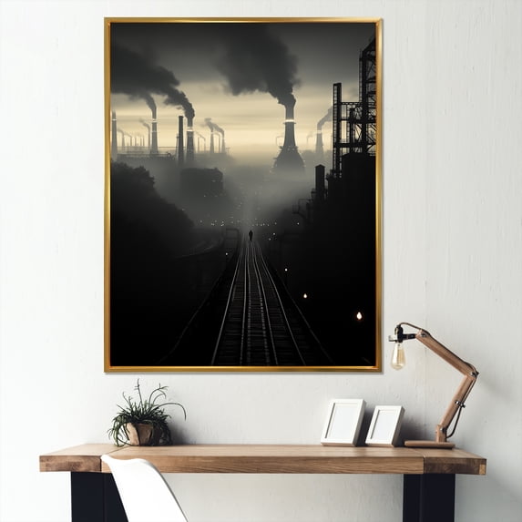 Designart "Monochrome Factory In Copper Hues" Factories Floater Framed Canvas Prints