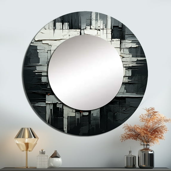 Designart "Monochrome Fantasy Landscape II" Abstract Painting Rund Mirror For Wall Decor - Large White Round Printed Mirror -Modern Round Living Room Mirror - 36" x 36"