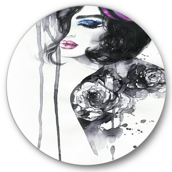 Designart 'Monochrome Female Portrait With Colorful Makeup' Modern Circle Metal Wall Art 23x23 - Disc of 23