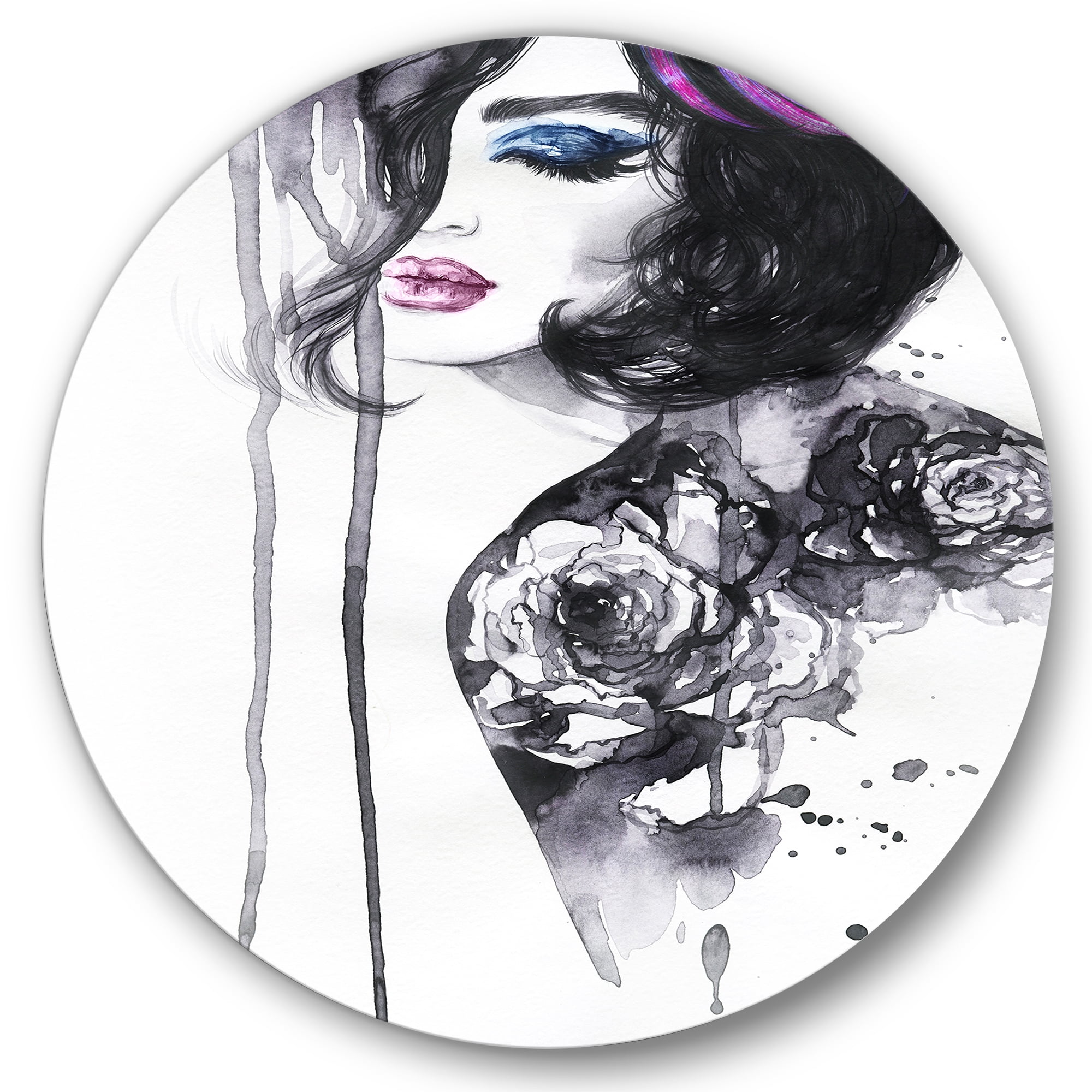 Designart 'Monochrome Female Portrait With Colorful Makeup' Modern Circle Metal Wall Art 29x29 - Disc of 29