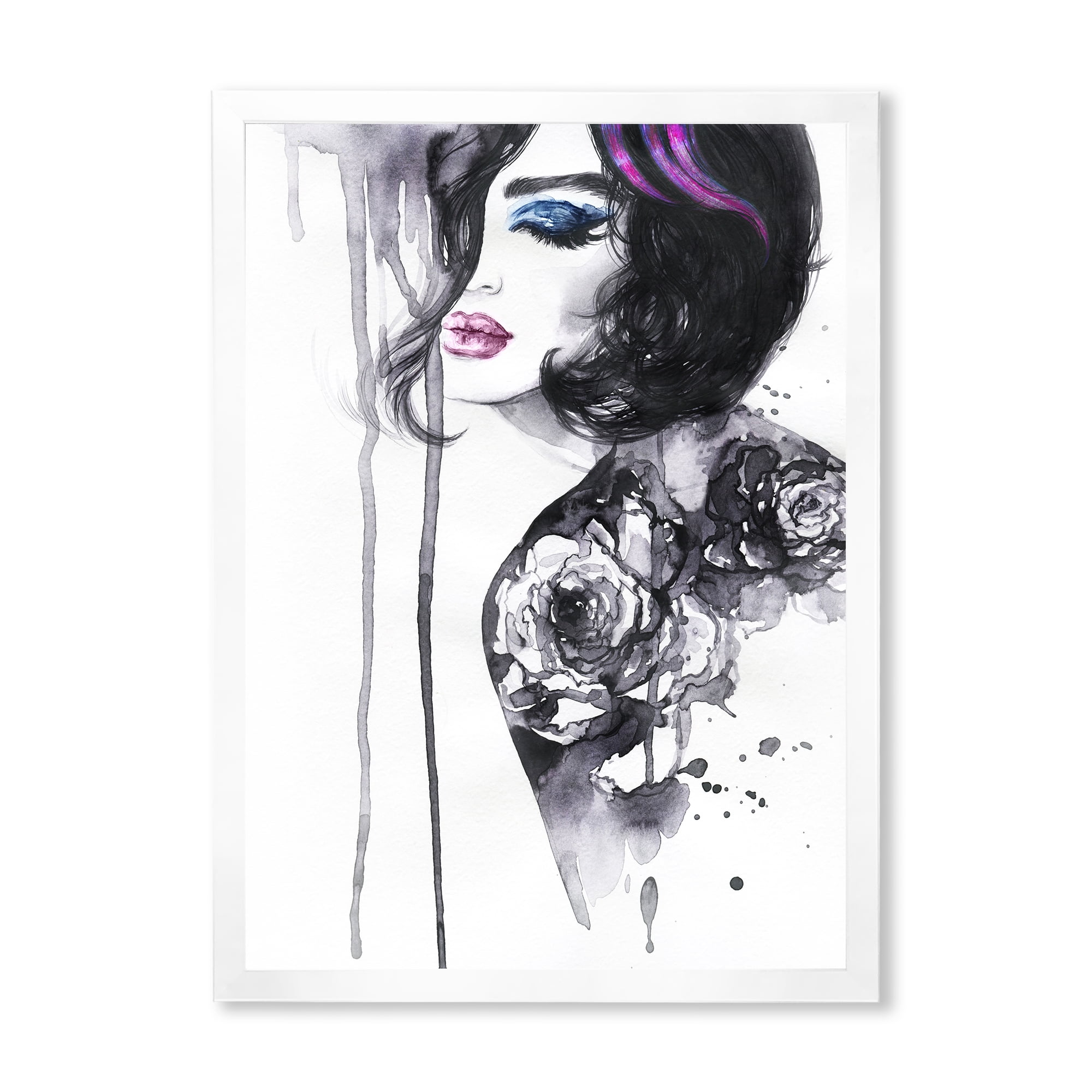 Designart 'Monochrome Female Portrait With Colorful Makeup' Modern Framed Art Print