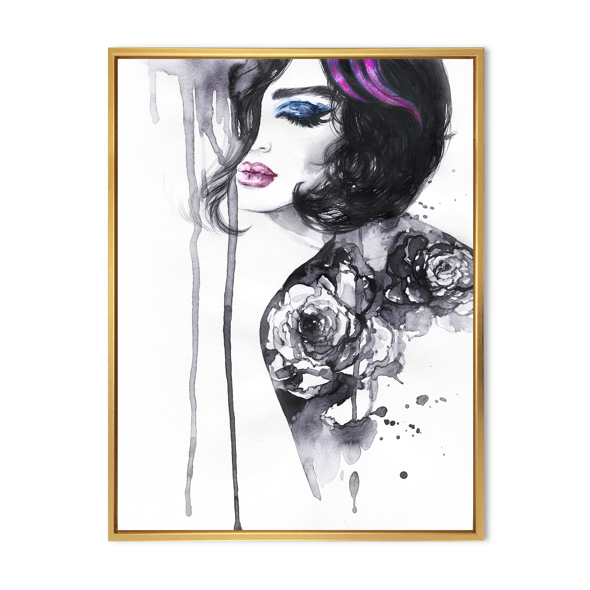 Designart 'Monochrome Female Portrait With Colorful Makeup' Modern Framed Canvas Wall Art Print