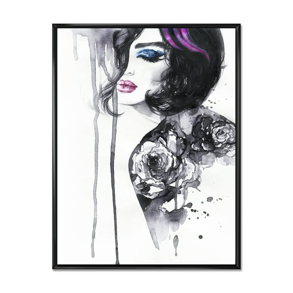 Designart 'Monochrome Female Portrait With Colorful Makeup' Modern Framed Canvas Wall Art Print