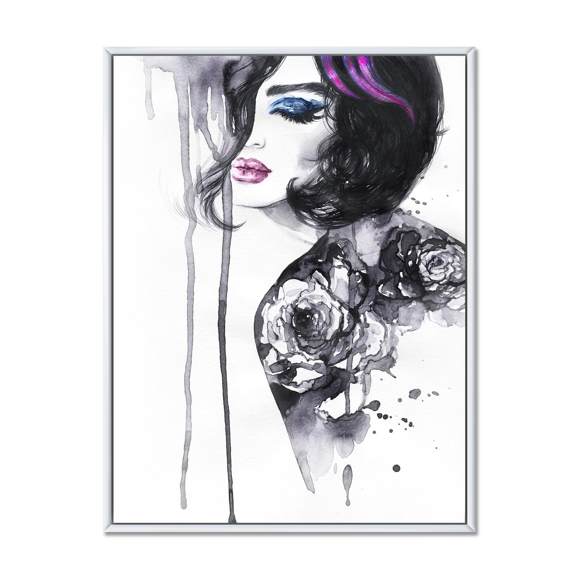 Designart 'Monochrome Female Portrait With Colorful Makeup' Modern Framed Canvas Wall Art Print