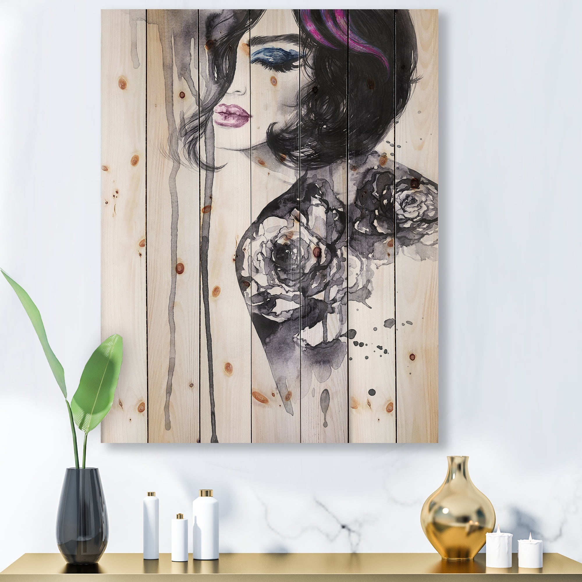 Designart 'Monochrome Female Portrait With Colorful Makeup' Modern Print on Natural Pine Wood