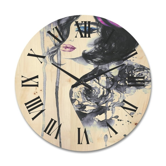 Designart 'Monochrome Female Portrait With Colorful Makeup' Modern Wood Wall Clock