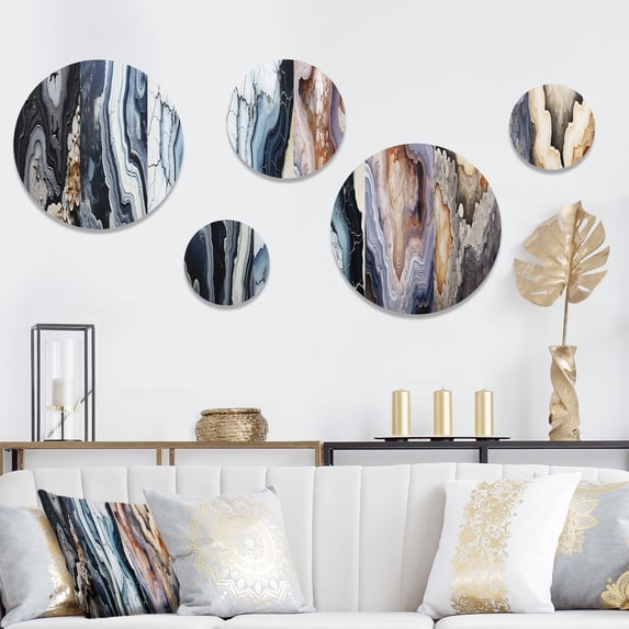 Designart "Monochrome Geode Tranquility I" Spiritual Stone Round Wall Art Set Of 5 - Black Traditional Living Room Wall Metal Art Set