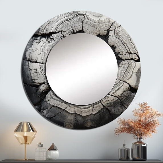 Designart "Monochrome Geode Tranquility" Spiritual Stone Round Mirror Wall Decor Global - Large Black Round Bathroom Mirror - Round Mirror - 29" x 29"
