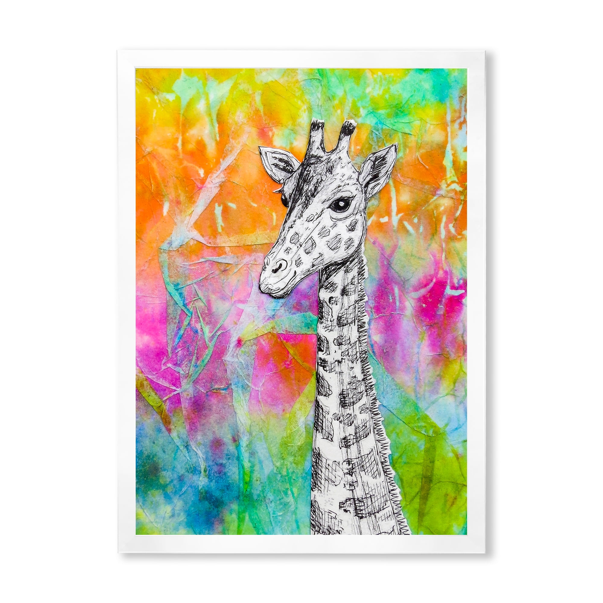 Designart 'Monochrome Giraffe Drawing On Bright Rainbow' Children's Art Framed Art Print