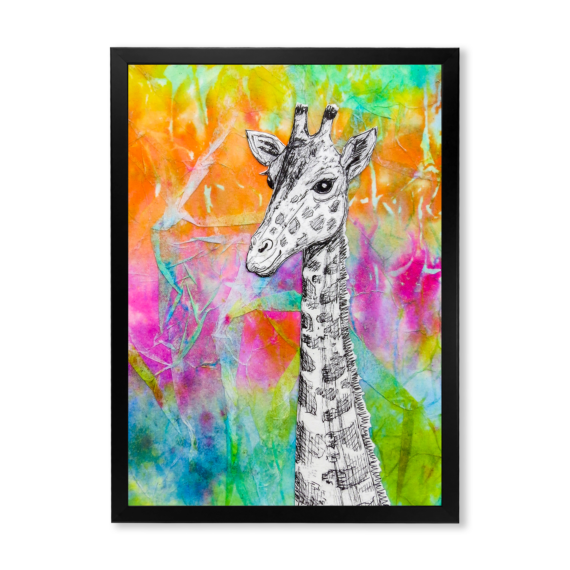 Designart 'Monochrome Giraffe Drawing On Bright Rainbow' Children's Art Framed Art Print