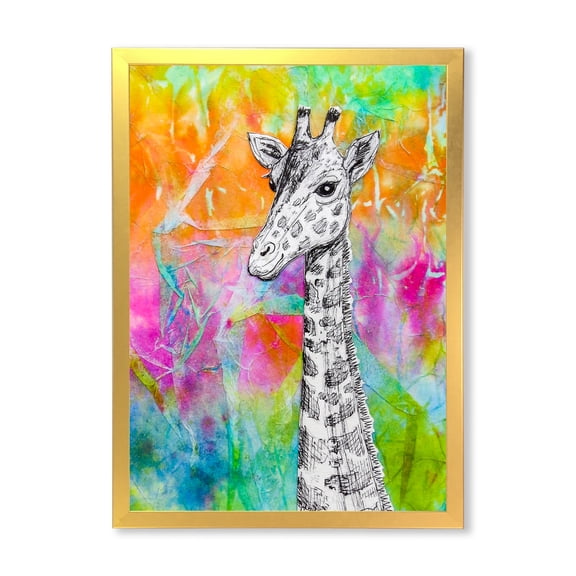Designart 'Monochrome Giraffe Drawing On Bright Rainbow' Children's Art Framed Art Print