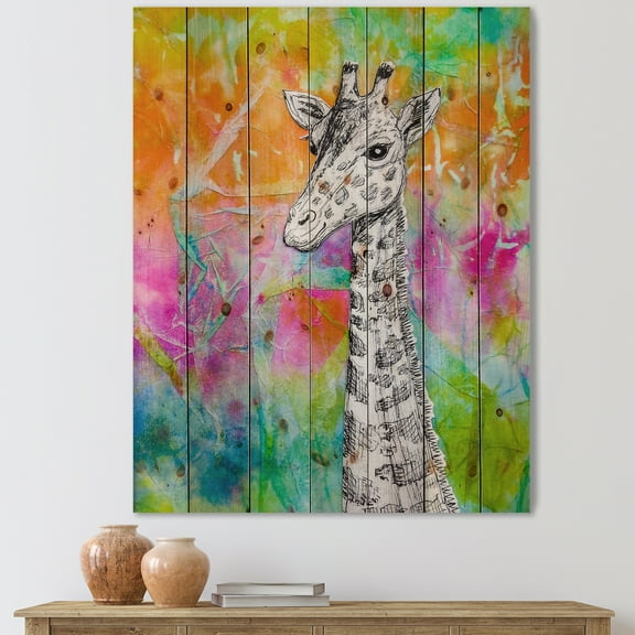 Designart 'Monochrome Giraffe Drawing On Bright Rainbow' Children's Art Print on Natural Pine Wood