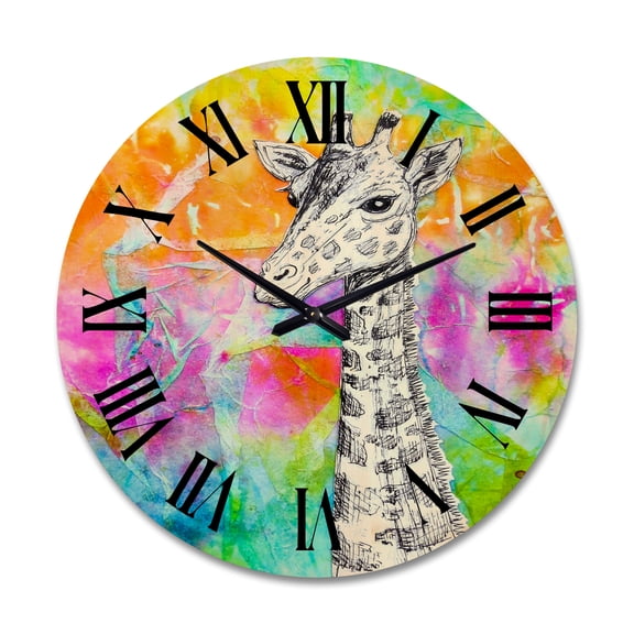 Designart 'Monochrome Giraffe Drawing On Bright Rainbow' Children's Art Wood Wall Clock